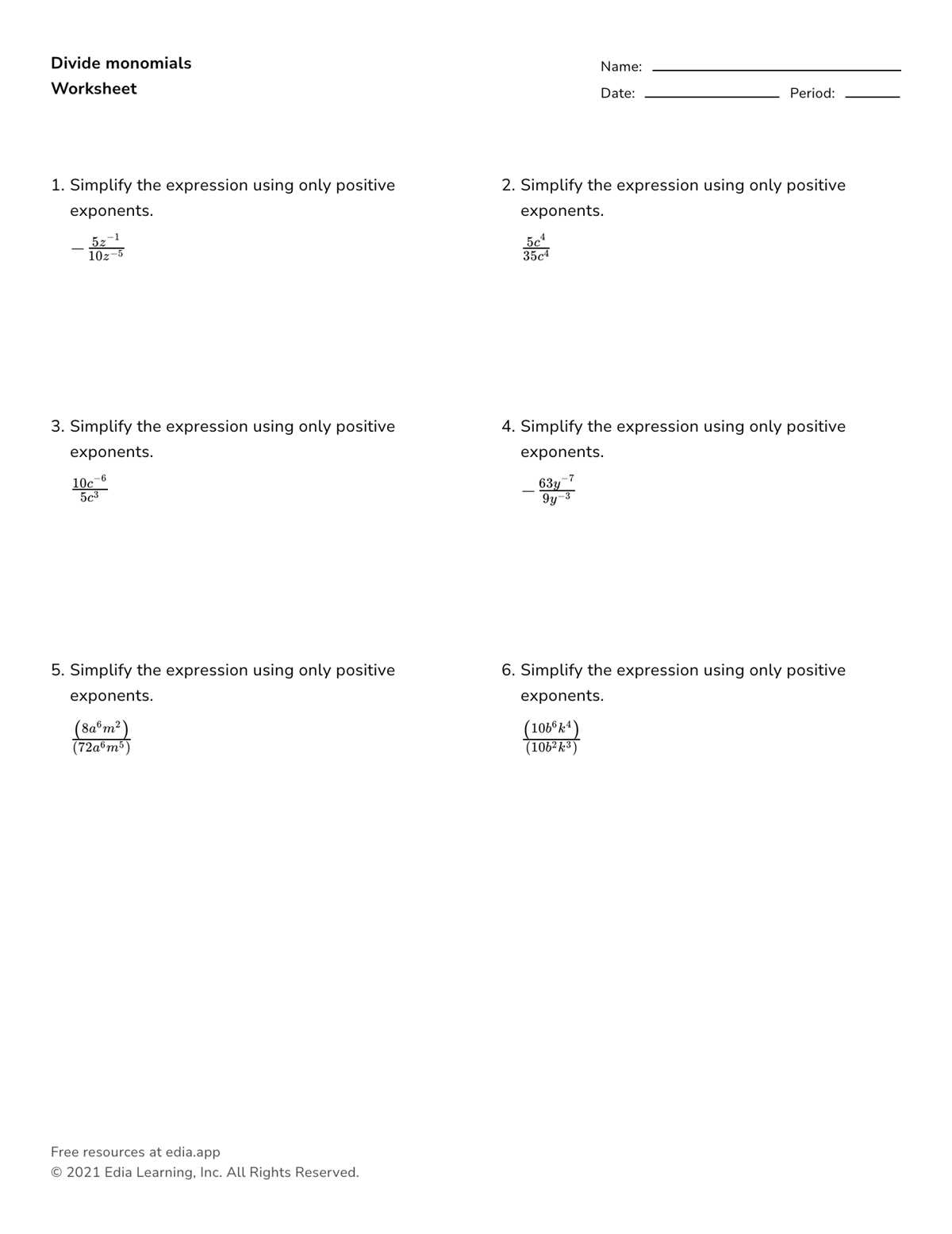 dividing monomial by monomial worksheet