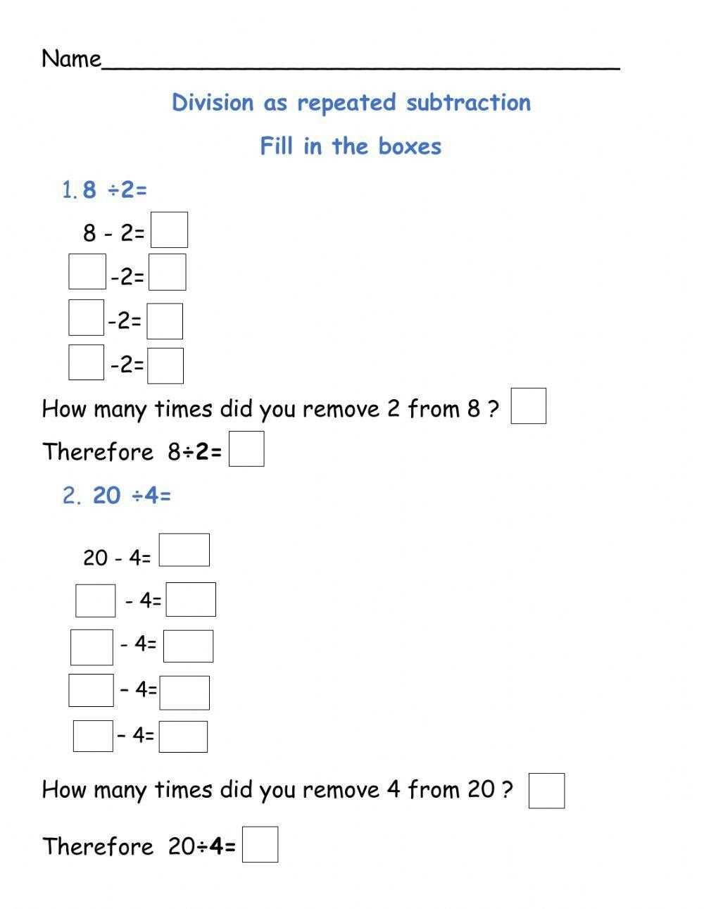 division worksheet repeated subtraction