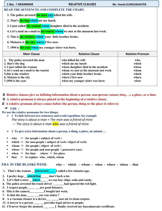 relative pronouns and clauses worksheet