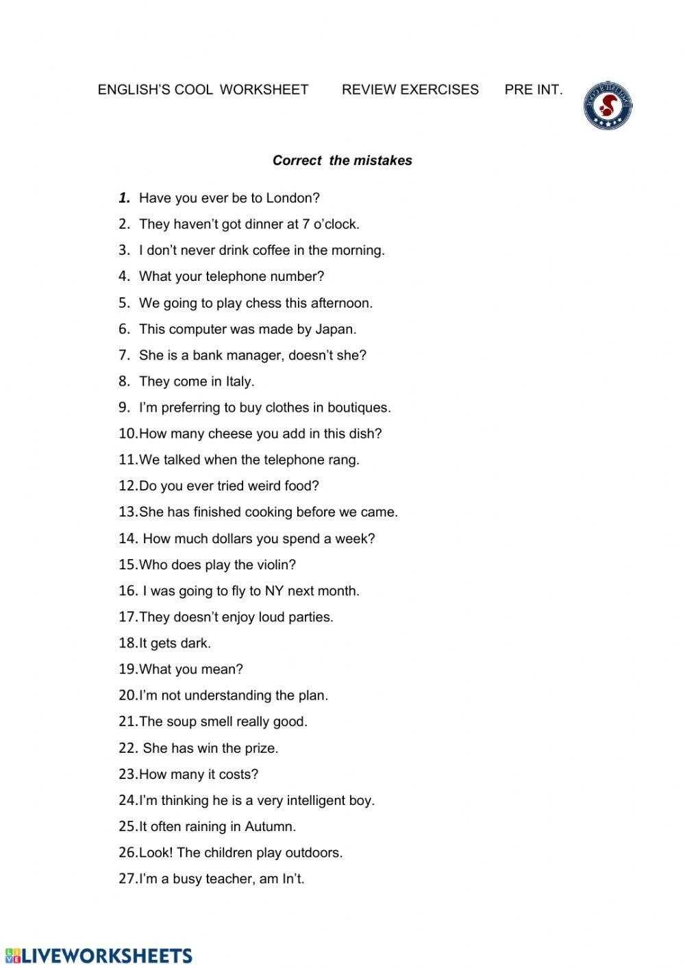 fix the grammar mistakes worksheet