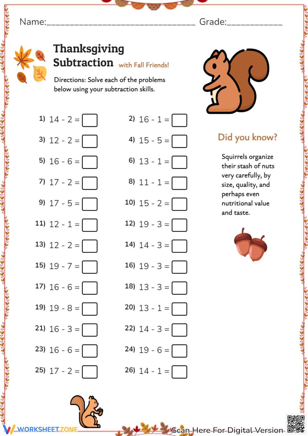 fall math worksheets 1st grade