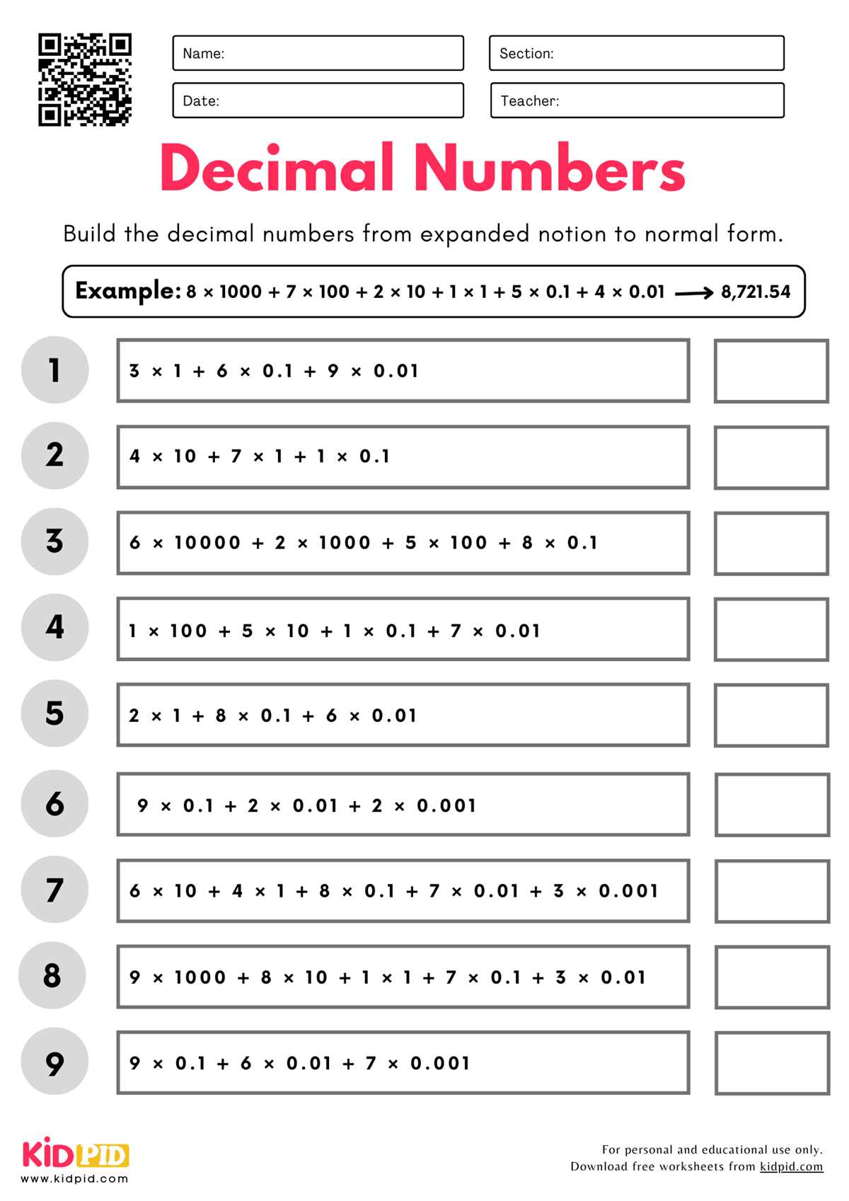place value with decimals worksheets