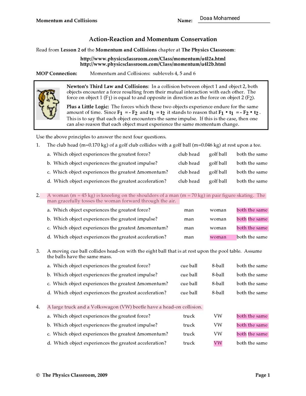 collisions momentum worksheet 4