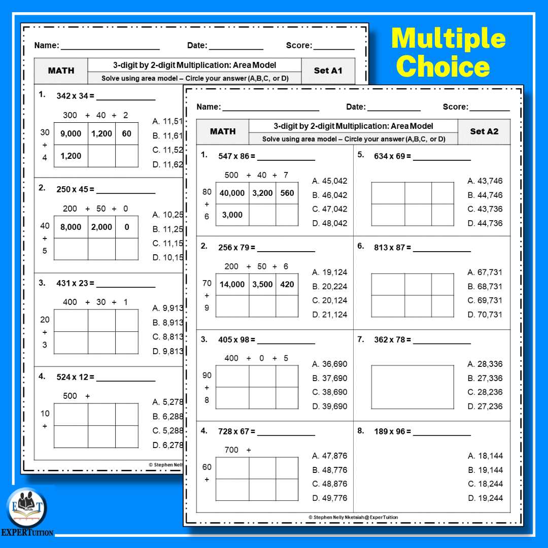 area model multiplication worksheets 3 digit by 2 digit