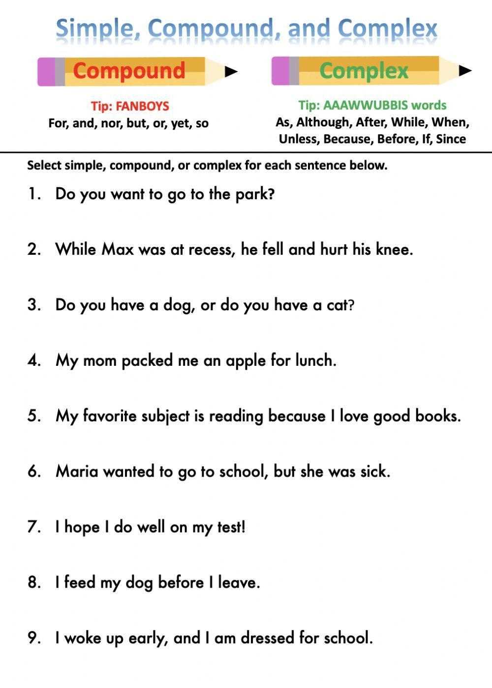 compound complex sentence worksheet