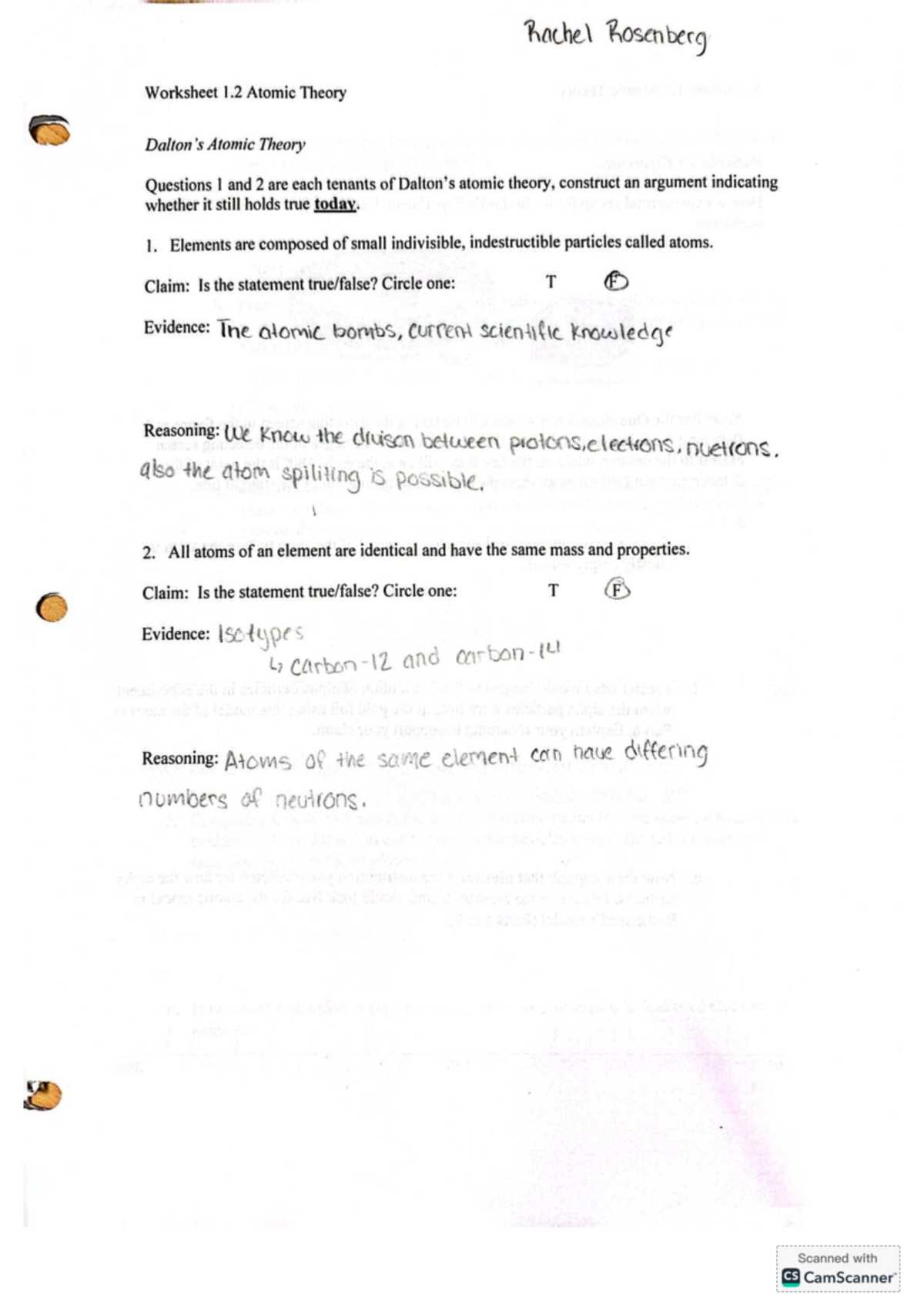 atomic theory practice worksheet