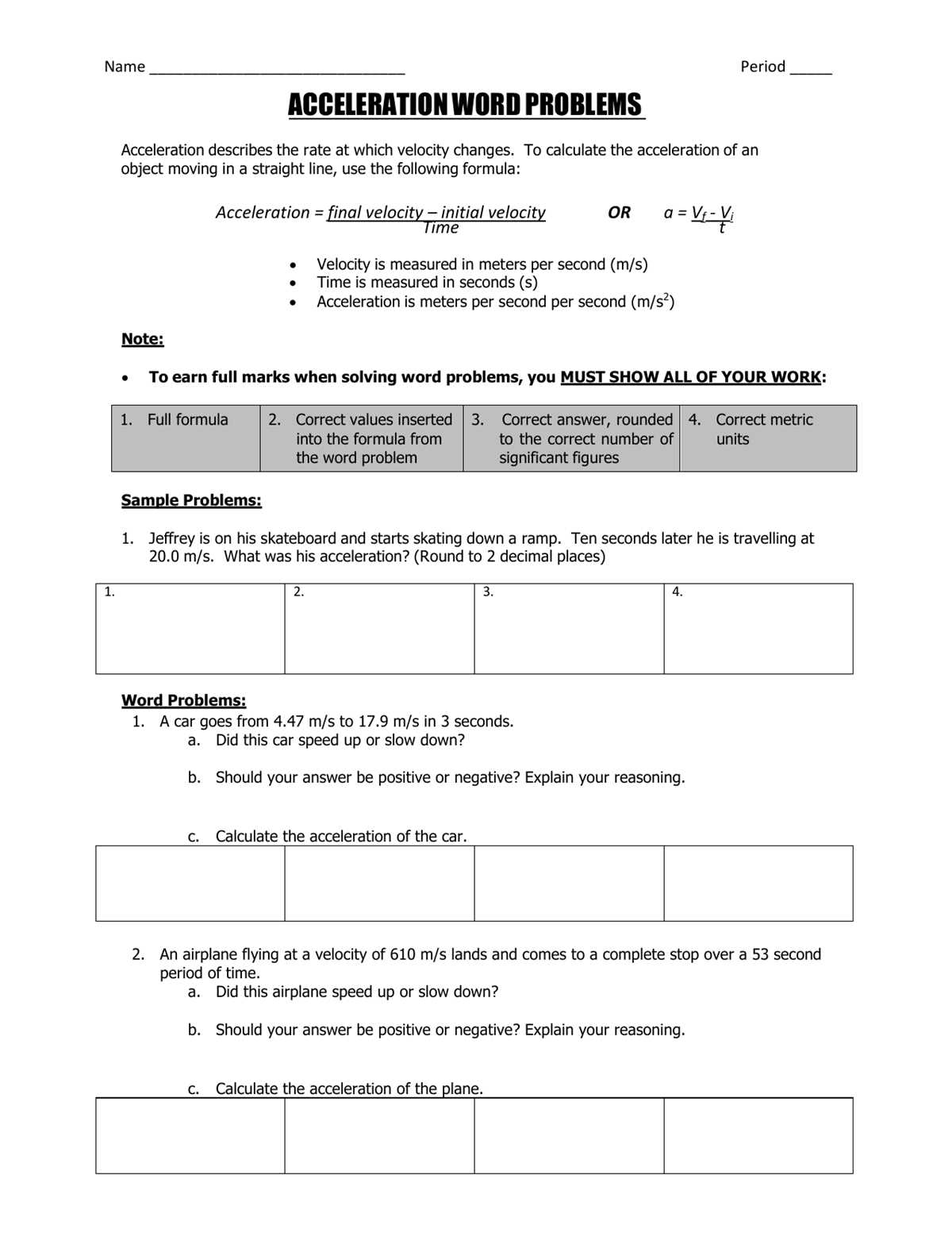 acceleration questions worksheet