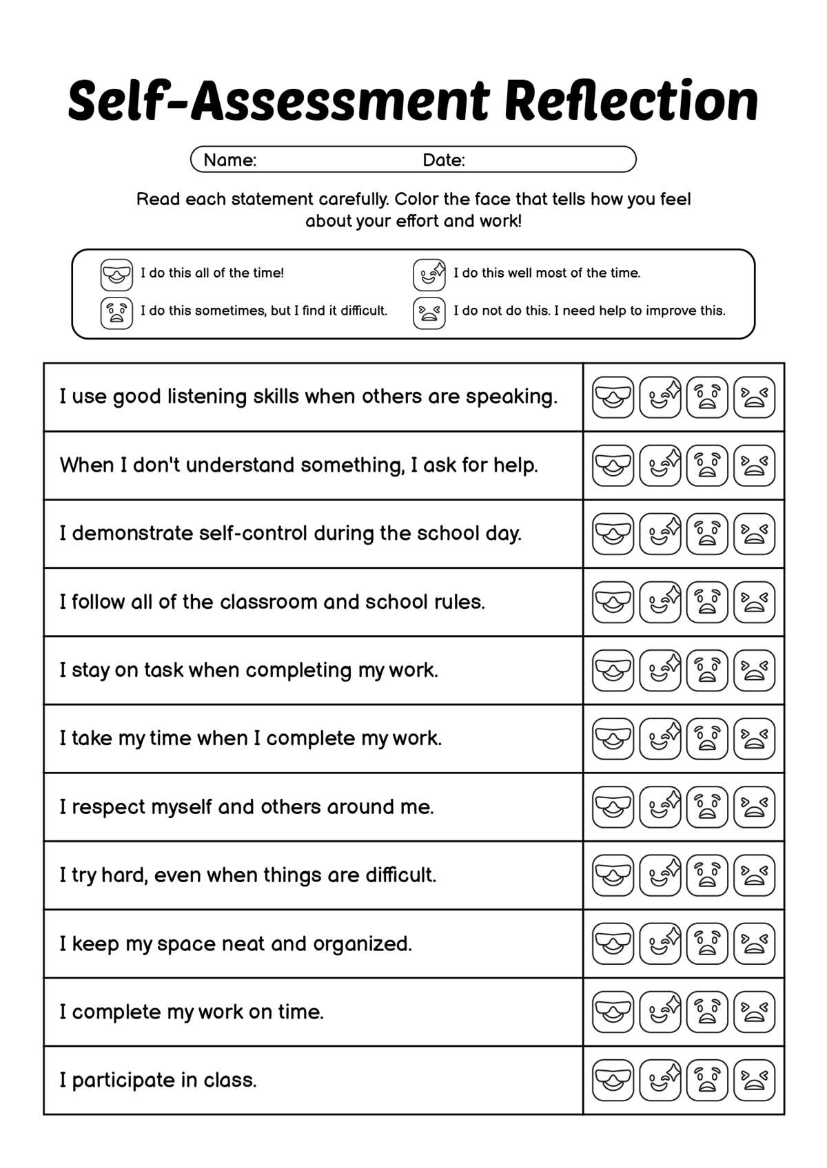 behavior reflection worksheet