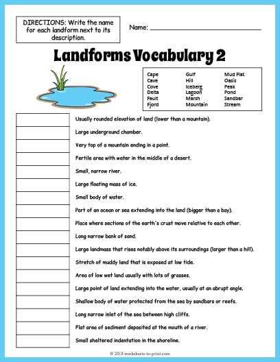 physical features and landforms worksheet