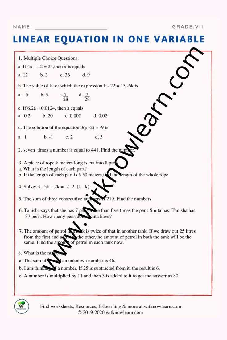 linear equations in one variable worksheet