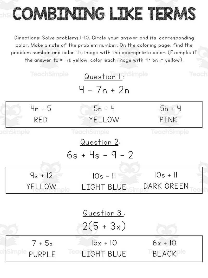 collecting like terms worksheet year 7
