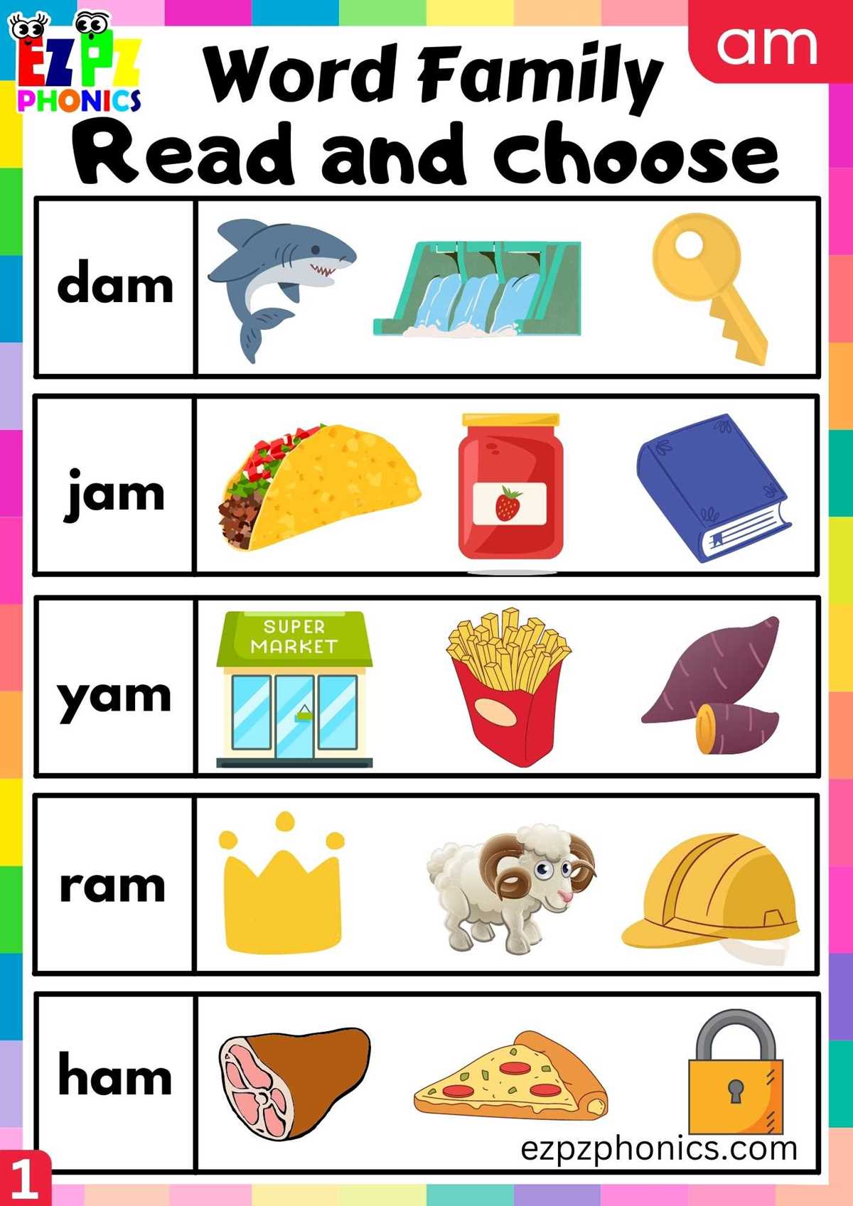 word family am worksheets