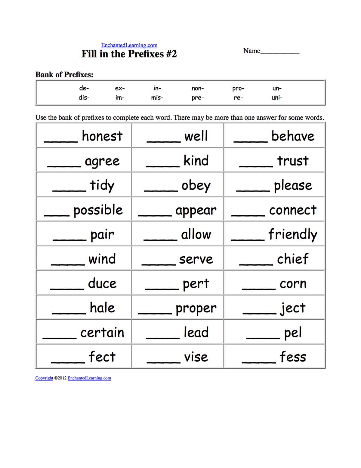 prefix worksheets