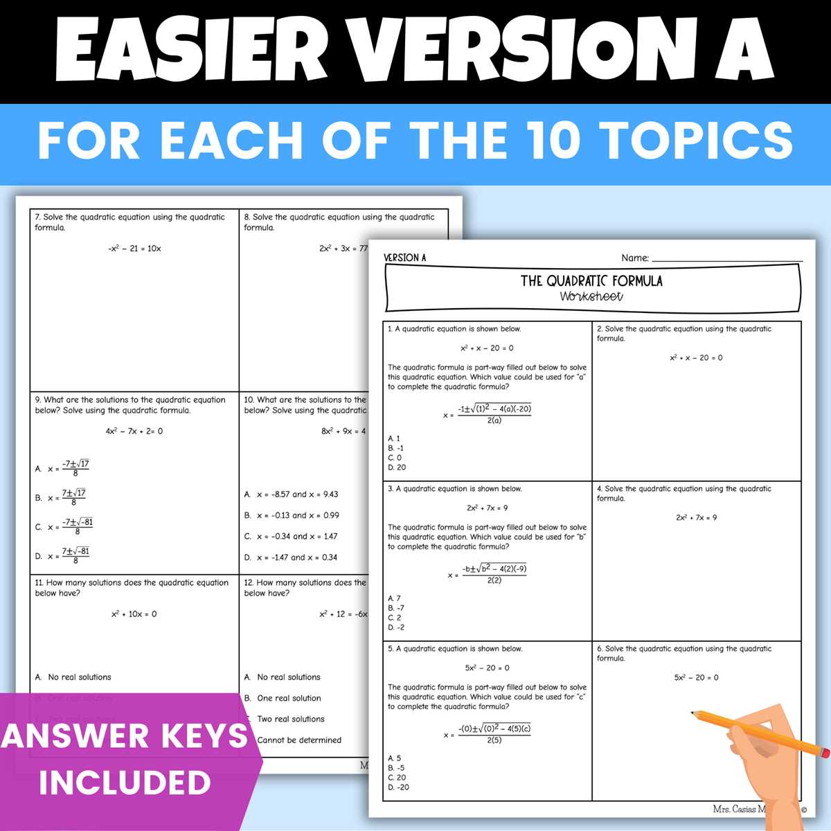application of quadratic equations worksheet