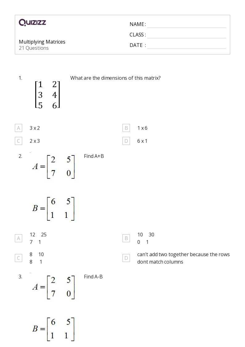 matrix math worksheet
