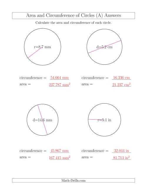 worksheet area and circumference of a circle