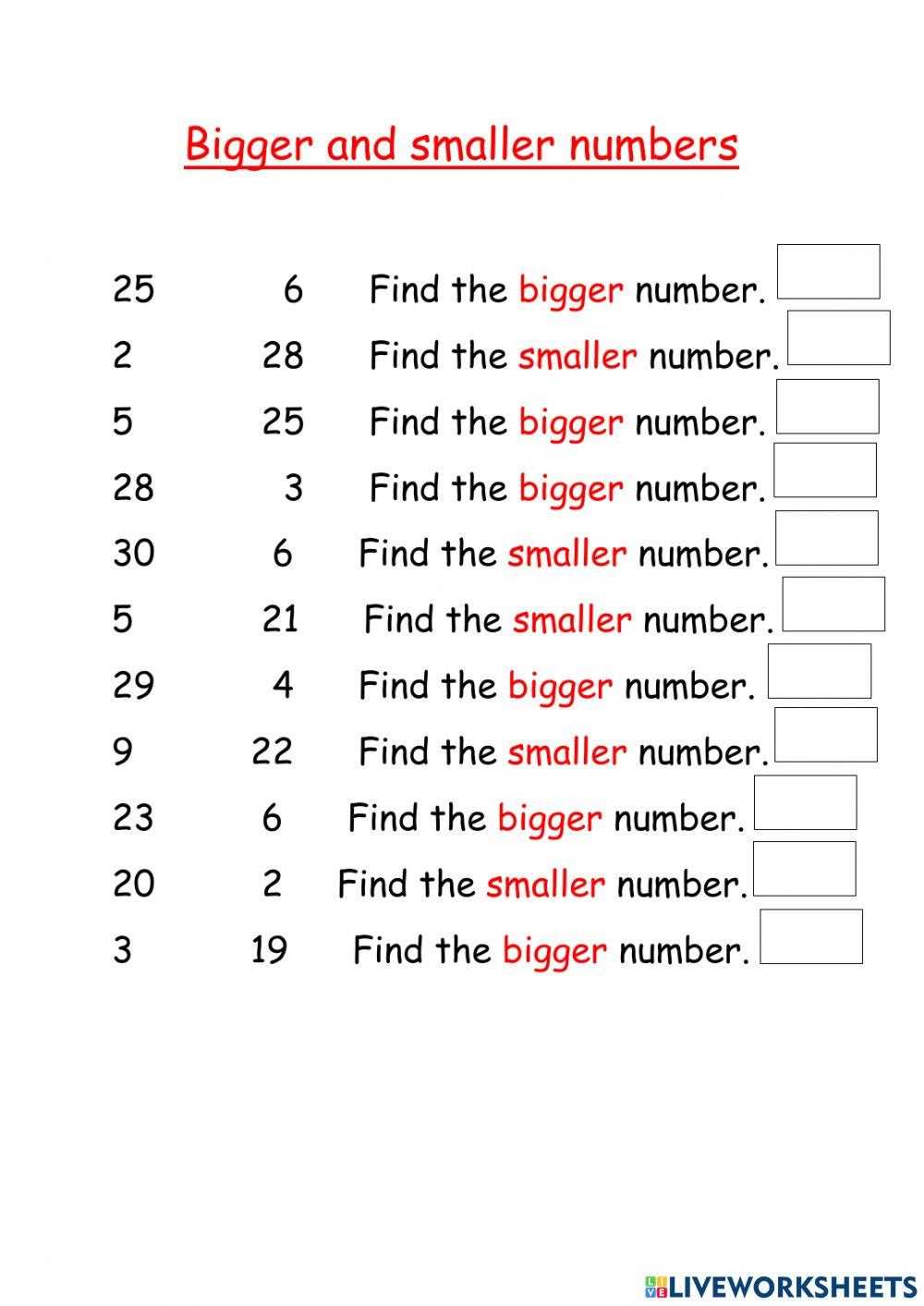 bigger and smaller number worksheet