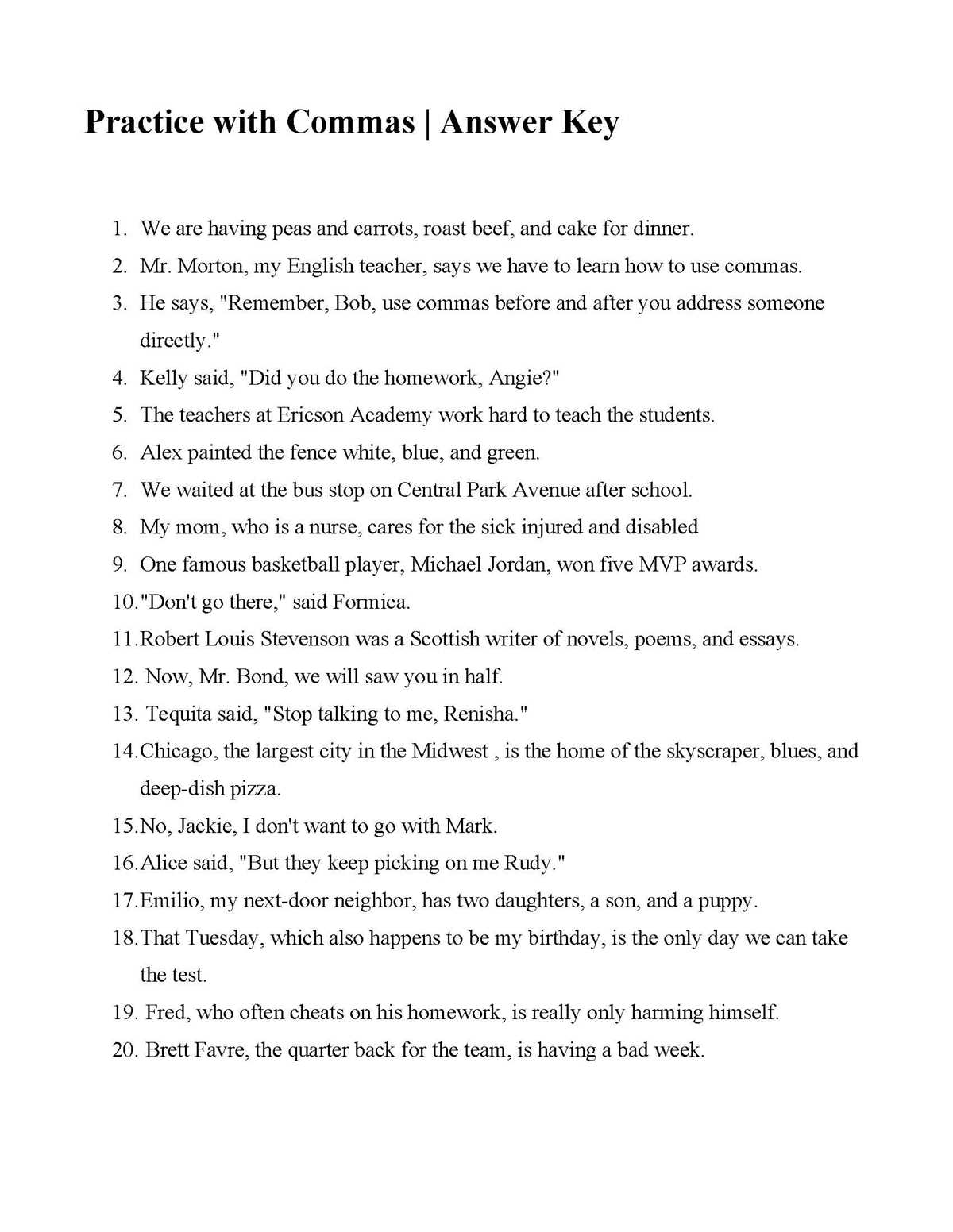 practice with commas worksheet