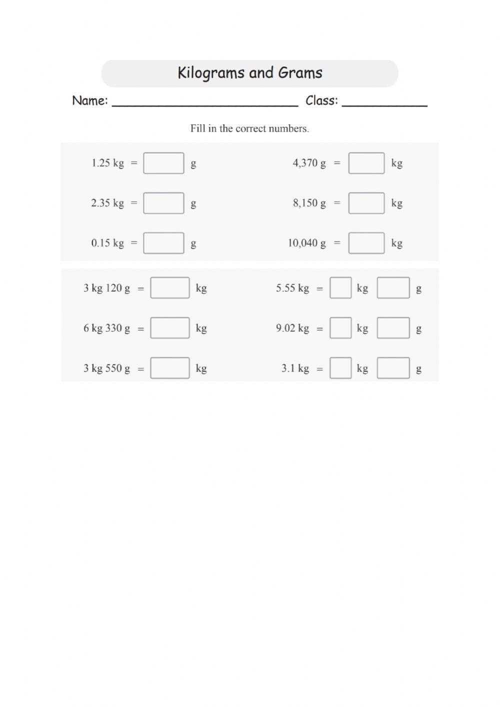adding grams and kilograms worksheet