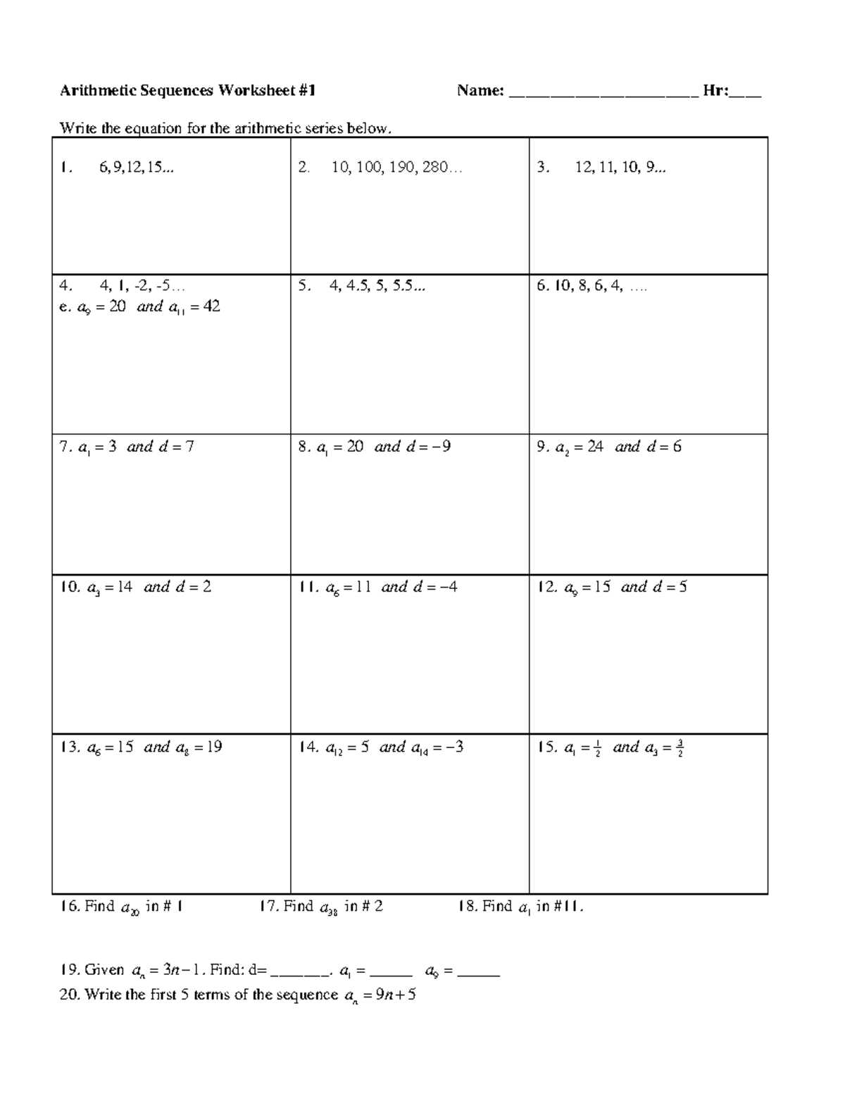 arithmetic sequences worksheets