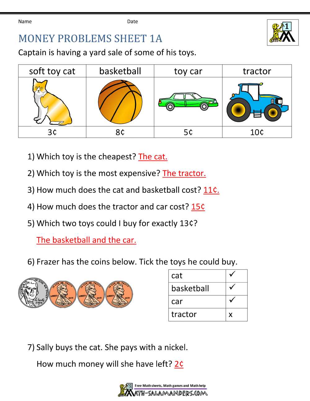 algebra coin word problems worksheet