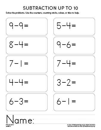 1 10 subtraction worksheets