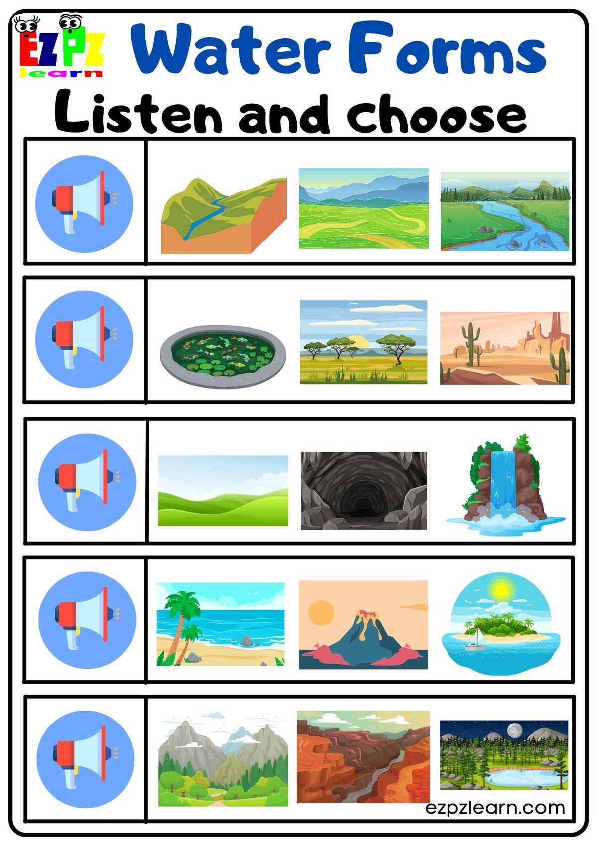 land and water forms worksheet for kindergarten