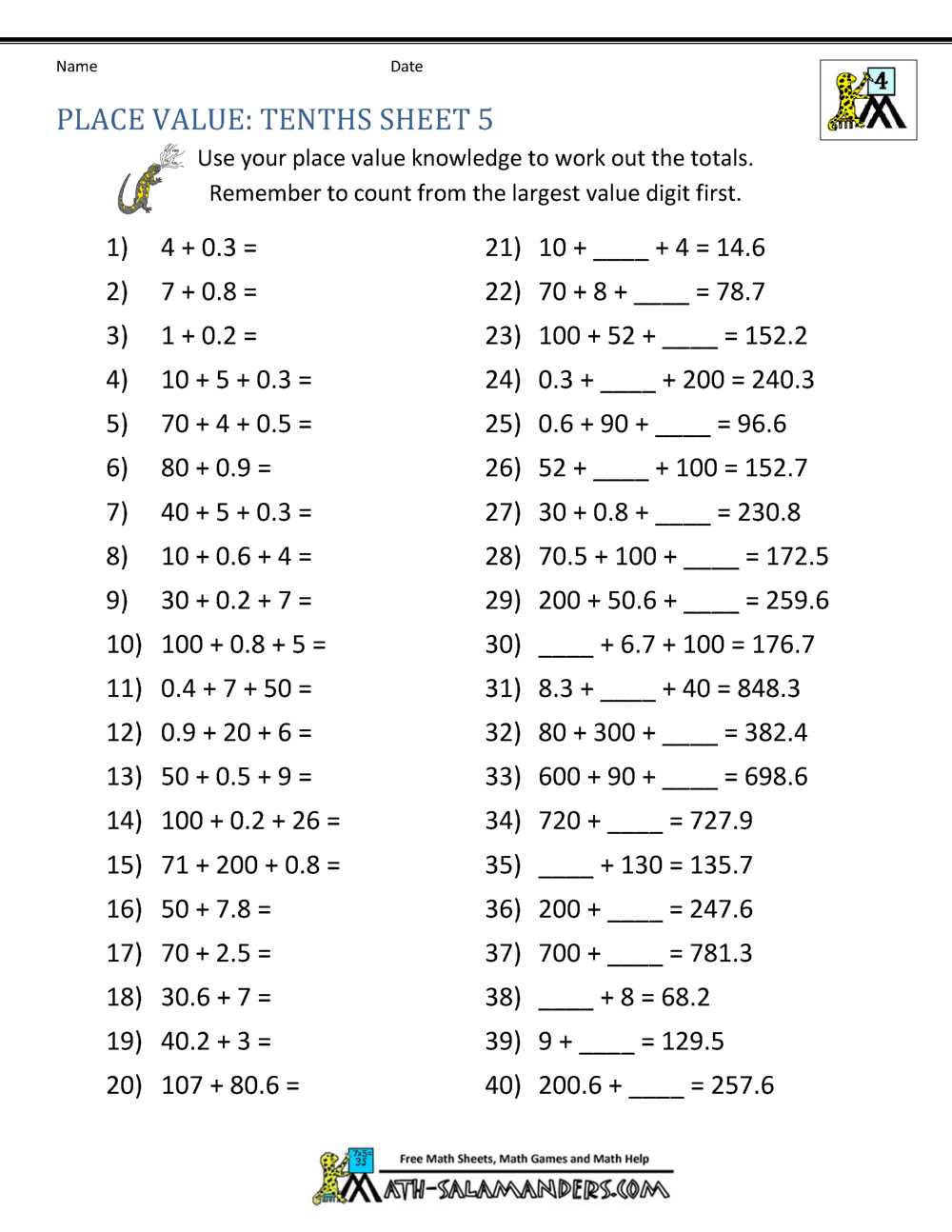 mathematics decimals worksheets