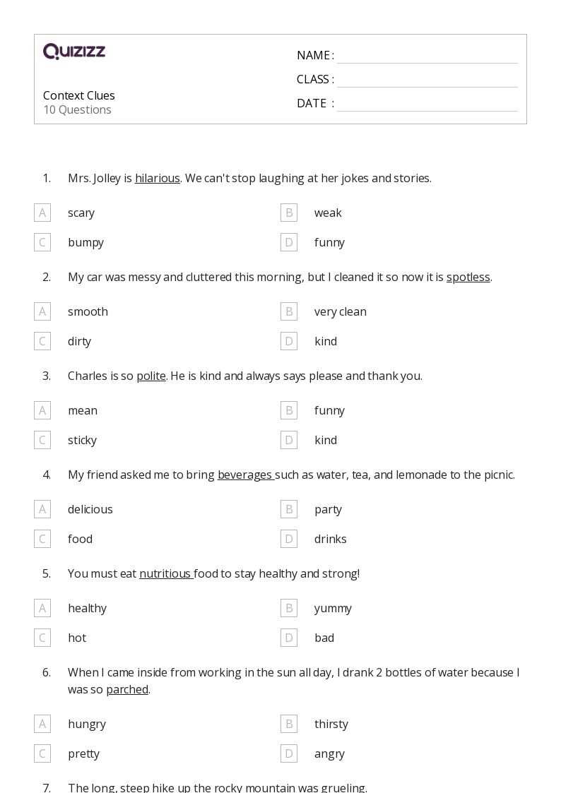 using context clues worksheet