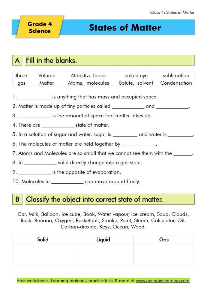 forms of matter worksheet